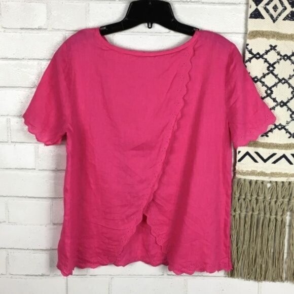 J.Crew Pink 100% Linen Short Sleeve Scalloped Hem Blouse Top Womens Size 2 - Picture 6 of 7